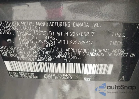 2016 Toyota Rav4 Xle из США, поврежденный, VIN 2T3RFREV1GW502861